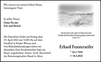 Traueranzeige von Erhard Fensterseifer von vrm-trauer Allgemeine Zeitung Alzey