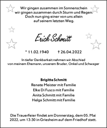 Traueranzeige von Erich Schmitt von vrm-trauer Darmstädter Echo