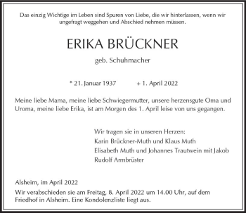 Traueranzeige von Erika Brückner von vrm-trauer Allgemeine Zeitung Alzey