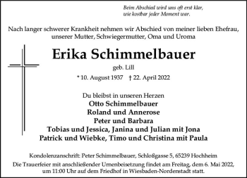 Traueranzeige von Erika Schimmelbauer von vrm-trauer Wiesbadener Kurier