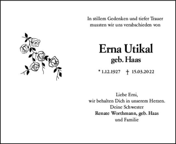 Traueranzeige von Erna Utikal von vrm-trauer Wiesbadener Kurier