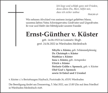 Traueranzeige von Ernst-Günther v. Küster von vrm-trauer Wiesbadener Kurier