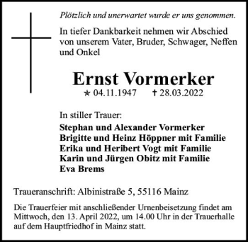 Traueranzeige von Ernst Vormerker von vrm-trauer AZ Mainz