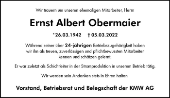 Traueranzeige von Ernst Albert Obermaier von vrm-trauer Allg. Zeitung Bad Kreuznach