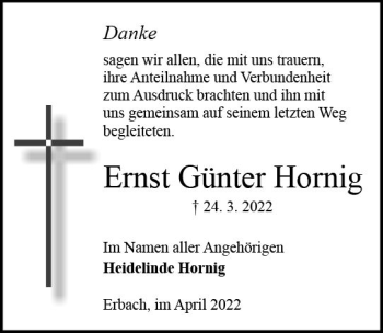 Traueranzeige von Ernst Günter Hornig von vrm-trauer Odenwälder Echo