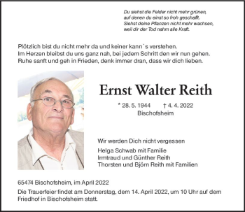 Traueranzeige von Ernst Walter Reith von vrm-trauer Rüsselsheimer Echo / MainSpitze