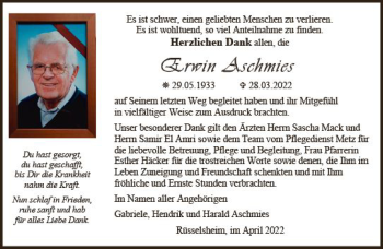Traueranzeige von Erwin Aschmies von vrm-trauer Rüsselsheimer Echo / MainSpitze