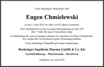 Traueranzeige von Eugen Chmielewski von vrm-trauer Allgemeine  Zeitung Ingelheim-Bingen