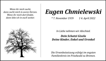Traueranzeige von Eugen Chmielewski von vrm-trauer Allgemeine  Zeitung Ingelheim-Bingen