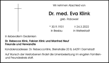 Traueranzeige von Eva Klink von vrm-trauer Darmstädter Echo