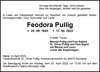 Traueranzeige von Feodora Pullig von vrm-trauer AZ Mainz