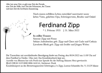 Traueranzeige von Ferdinand Zipp von vrm-trauer AZ Mainz