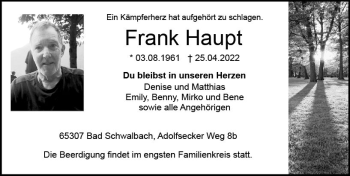 Traueranzeige von Frank Haupt von vrm-trauer WK-UTA