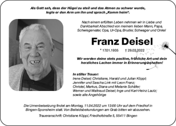 Traueranzeige von Franz Deisel von vrm-trauer Allgemeine  Zeitung Ingelheim-Bingen