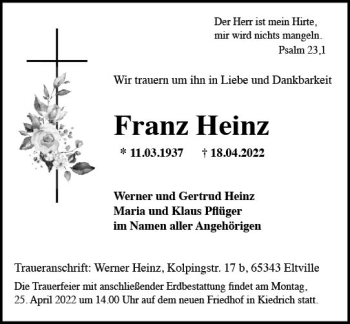 Traueranzeige von Franz Heinz von vrm-trauer Rheingau