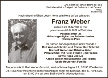 Traueranzeige von Franz Weber von vrm-trauer Wiesbadener Kurier
