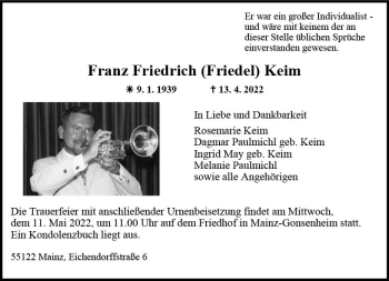 Traueranzeige von Franz Friedrich Keim von vrm-trauer AZ Mainz