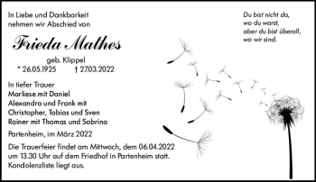 Traueranzeige von Frieda Mathes von vrm-trauer Allgemeine Zeitung Alzey
