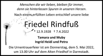 Traueranzeige von Friedel Rindfuß von vrm-trauer Darmstädter Echo