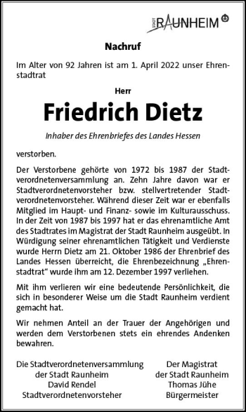 Traueranzeige von Friedrich Dietz von vrm-trauer Rüsselsheimer Echo / MainSpitze