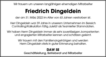 Traueranzeige von Friedrich Dingeldein von vrm-trauer Odenwälder Echo