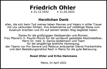 Traueranzeige von Friedrich Ohler von vrm-trauer AZ Mainz