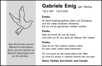 Traueranzeige von Gabriele Emig von vrm-trauer Rüsselsheimer Echo / MainSpitze