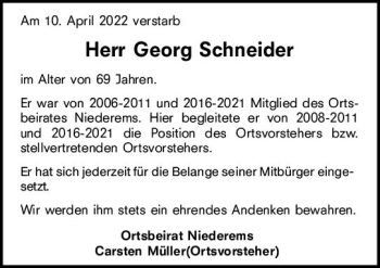 Traueranzeige von Georg Schneider von vrm-trauer Idsteiner Zeitung