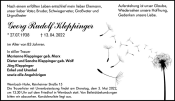 Traueranzeige von Georg Rudolf Kleppinger von vrm-trauer Darmstädter Echo
