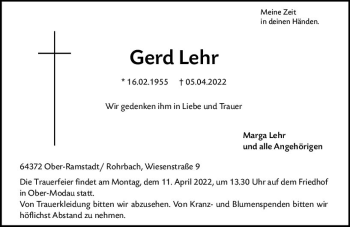 Traueranzeige von Gerd Lehr von vrm-trauer Darmstädter Echo