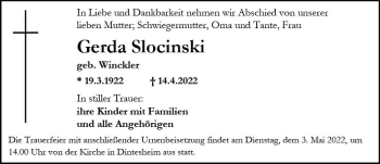 Traueranzeige von Gerda Slocinski von vrm-trauer Allgemeine Zeitung Alzey