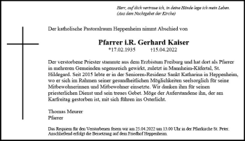 Traueranzeige von Gerhard Kaiser von vrm-trauer Bürstädter/Lamperth. Ztg/Starkenburger