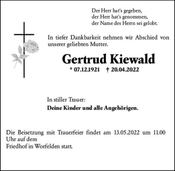 Traueranzeige von Gertrud Kiewald von vrm-trauer Groß-Gerauer Echo