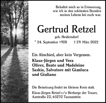 Traueranzeige von Gertrud Retzel von vrm-trauer Wiesbadener Kurier