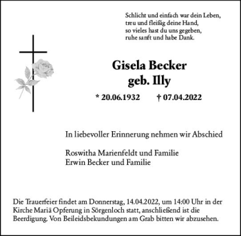 Traueranzeige von Gisela Becker von vrm-trauer AZ Mainz