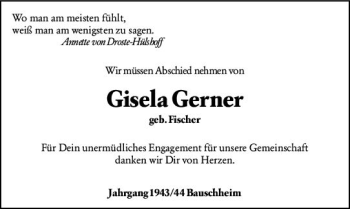 Traueranzeige von Gisela Gerner von vrm-trauer Rüsselsheimer Echo / MainSpitze