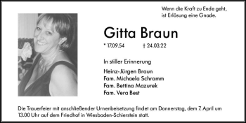 Traueranzeige von Gitta Braun von vrm-trauer Wiesbadener Kurier