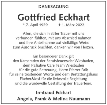 Traueranzeige von Gottfried Eckhart von vrm-trauer Wiesbadener Kurier