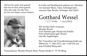 Traueranzeige von Gotthard Wessel von vrm-trauer Allgemeine Zeitung Alzey