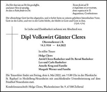 Traueranzeige von Günter Cleres von vrm-trauer Wormser Zeitung