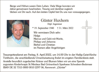 Traueranzeige von Günter Huxhorn von vrm-trauer Darmstädter Echo