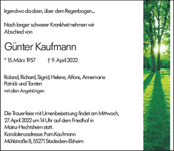 Traueranzeige von Günter Kaufmann von vrm-trauer AZ Mainz