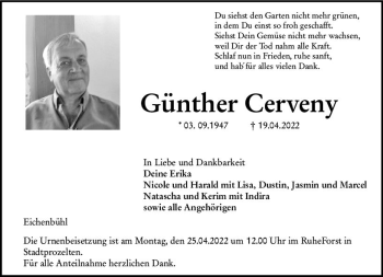Traueranzeige von Günther Cerveny von vrm-trauer Odenwälder Echo