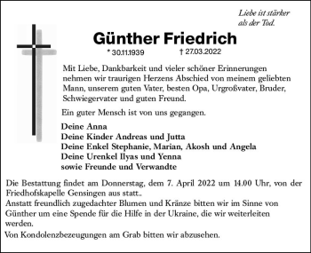 Traueranzeige von Günther Friedrich von vrm-trauer Allgemeine  Zeitung Ingelheim-Bingen