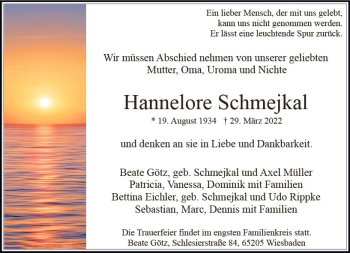 Traueranzeige von Hannelore Schmejkal von vrm-trauer Wiesbadener Kurier