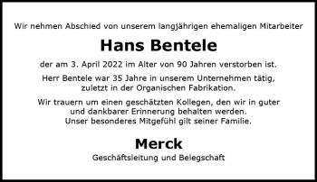 Traueranzeige von Hans Bentele von vrm-trauer Darmstädter Echo