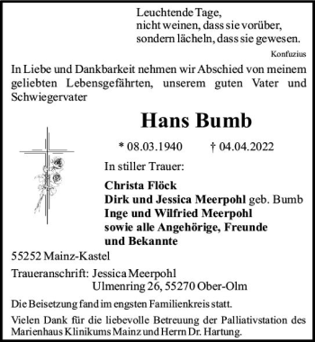 Traueranzeige von Hans Bumb von vrm-trauer AZ Mainz