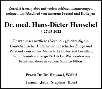 Traueranzeige von Hans-Dieter Henschel von vrm-trauer Wiesbadener Kurier