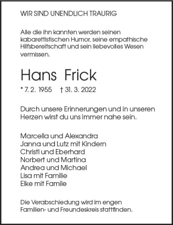 Traueranzeige von Hans Frick von vrm-trauer Darmstädter Echo