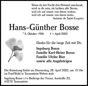 Traueranzeige von Hans-Günther Bosse von vrm-trauer Wiesbadener Kurier